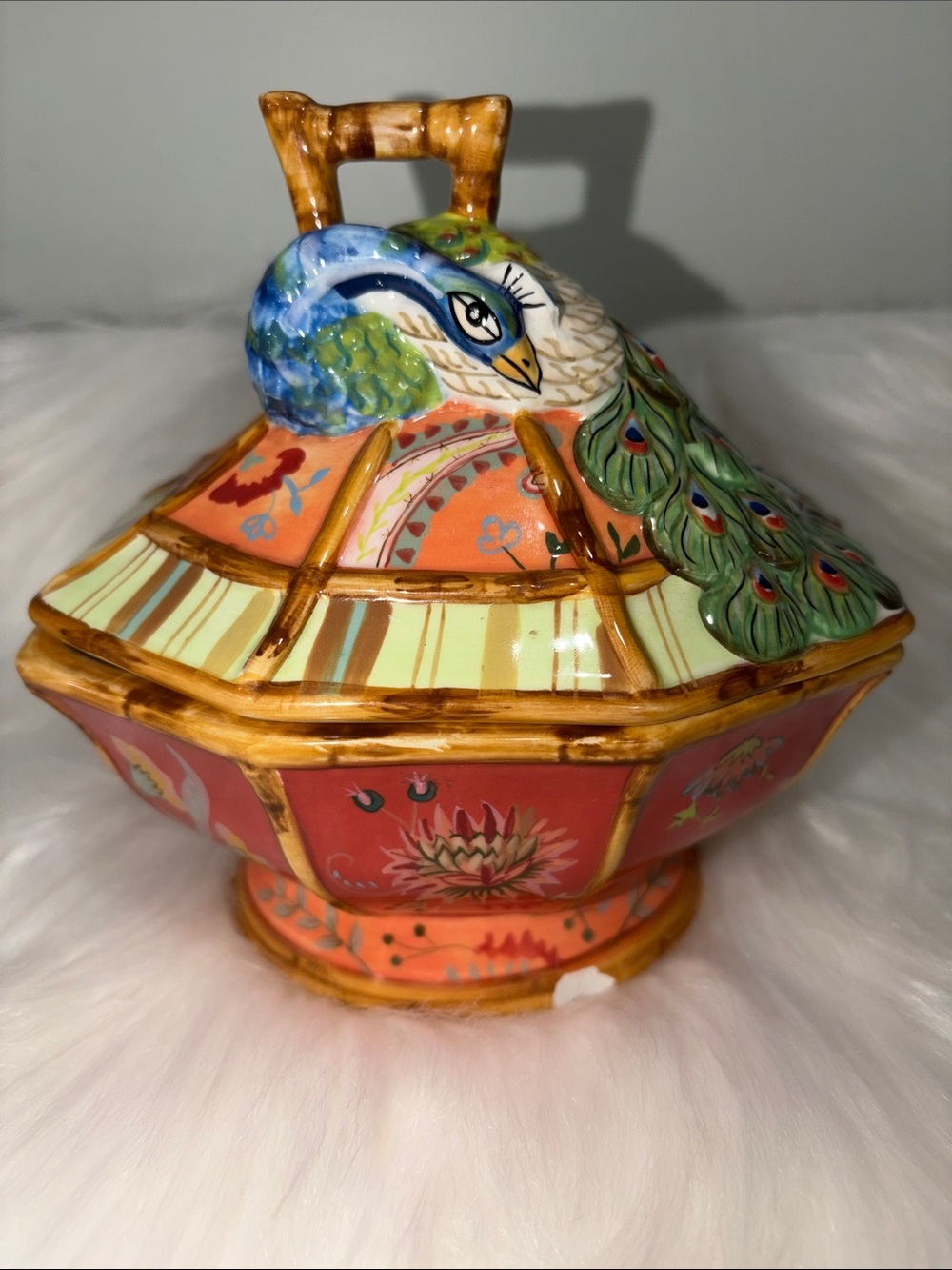 Tracy Porter Hand-Painted Peacock Lidded Sugar Bowl - Multicolor
